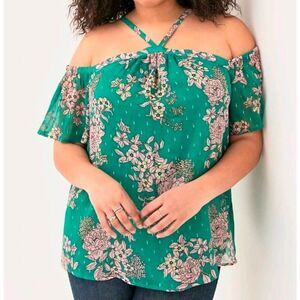 Torrid green & pink floral metallic swiss dot cold shoulder strappy neck top 2X